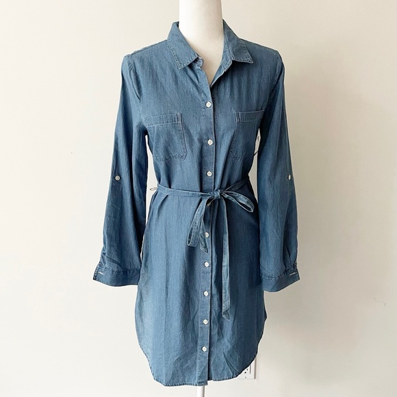 Old Navy | Blue Chambray Roll Tab Tie Waist Shirt Dress *NWT* - Picture 3 of 16